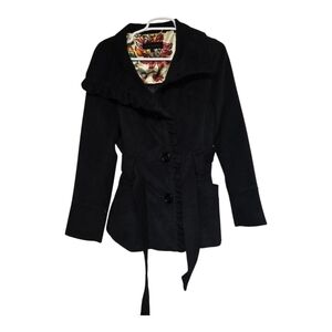 Steve Madden Black Ruffle Trim Pea Coat Women’s Medium